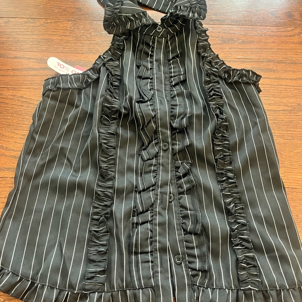 NWT! Black and White Striped Ruffle Blouse